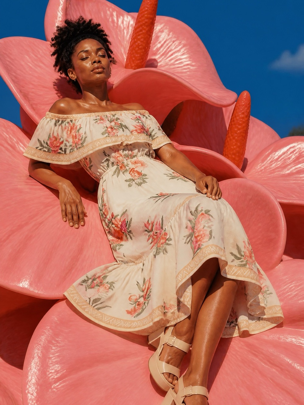 Lulu's Cream One-Shoulder Floral Tiered Maxi Dress